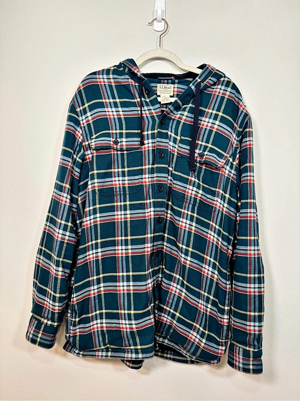 L.L.Bean Flannel Shirt Jacket Fleece-Lined Hooded Plaid Blue Green Outdoor Men M